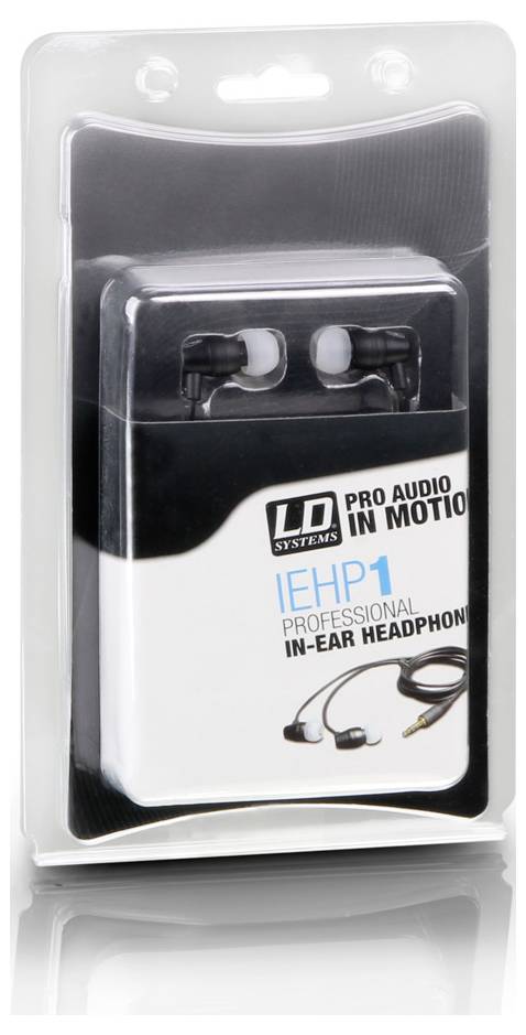 Verpackung von LDP Systems IEHP1 professionellen In-Ear-Kopfhörern, mit Kopfhörern sichtbar in einer durchsichtigen Blisterverpackung.