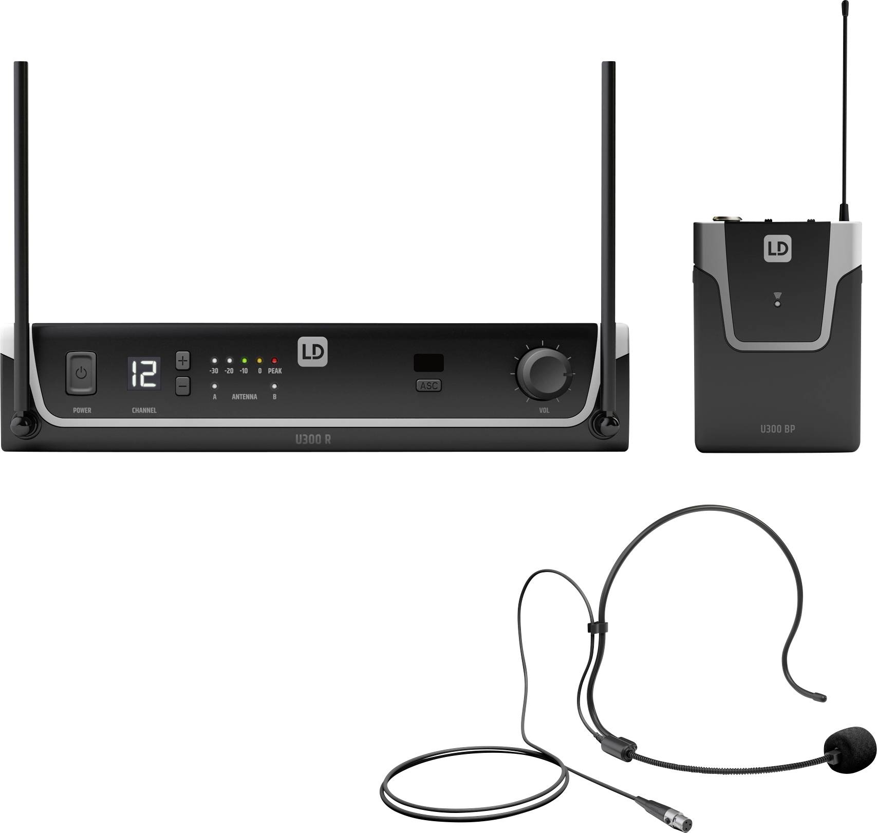 Drahtloses Mikrofonsystem mit einem Empfänger, Bodypack-Sender und Kopfbügelmikrofon, dargestellt mit Antennen und Bedienfeldern auf der Vorderseite.