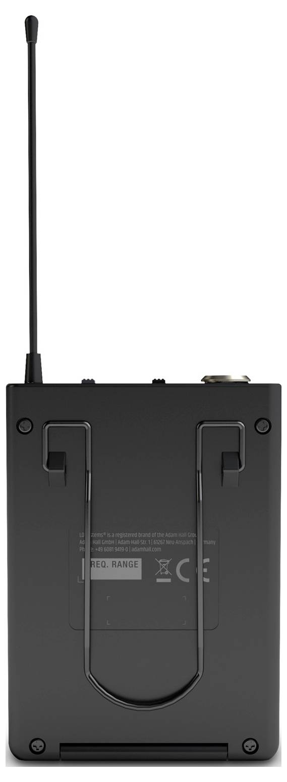 Rückansicht eines schwarzen kabellosen Mikrofon-Packs mit langer Antenne, Gürtelclip und Batteriefach auf einfachem weißem Hintergrund.