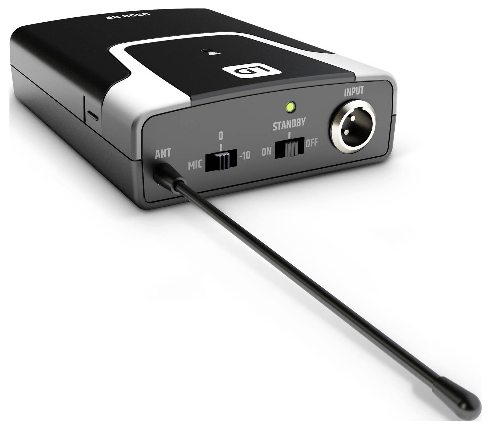 Kabelloses Audiosender mit Antennenkabel, Bereitschaftsleuchte, Mikrofon-/Pegelschalter, Ein-/Ausschalter und XLR-Eingang auf der Frontplatte.