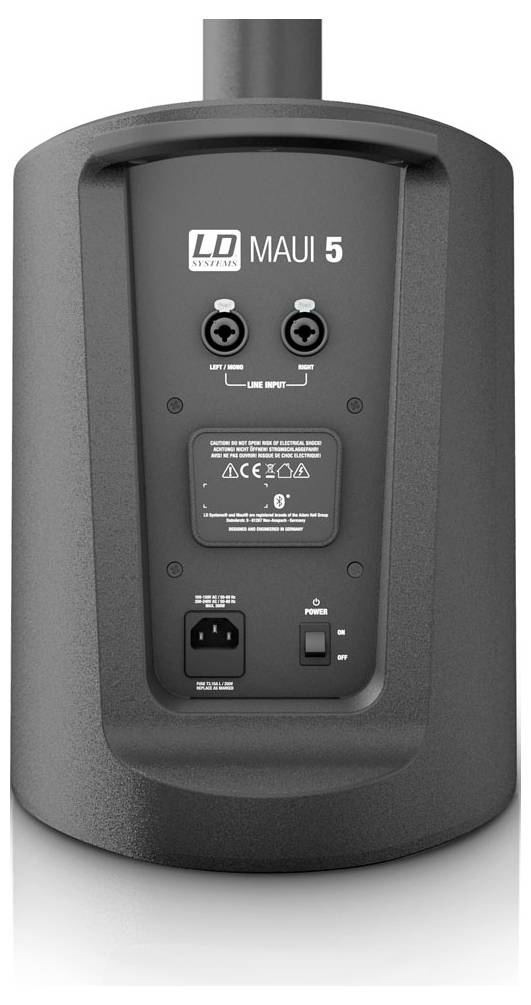 Rückseite des Bedienfelds eines MAUI 5 LD Systems Lautsprechers mit Line-In- und Line-Out-Eingängen, Stromeingang und Ein-/Ausschalter.