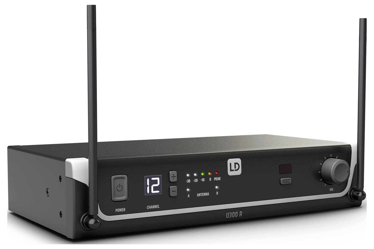 Schwarzer kabelloser Rack-Empfänger mit zwei Antennen, digitaler Kanalanzeigefeld, Statusleuchten und Bedienknopf auf der Frontplatte.