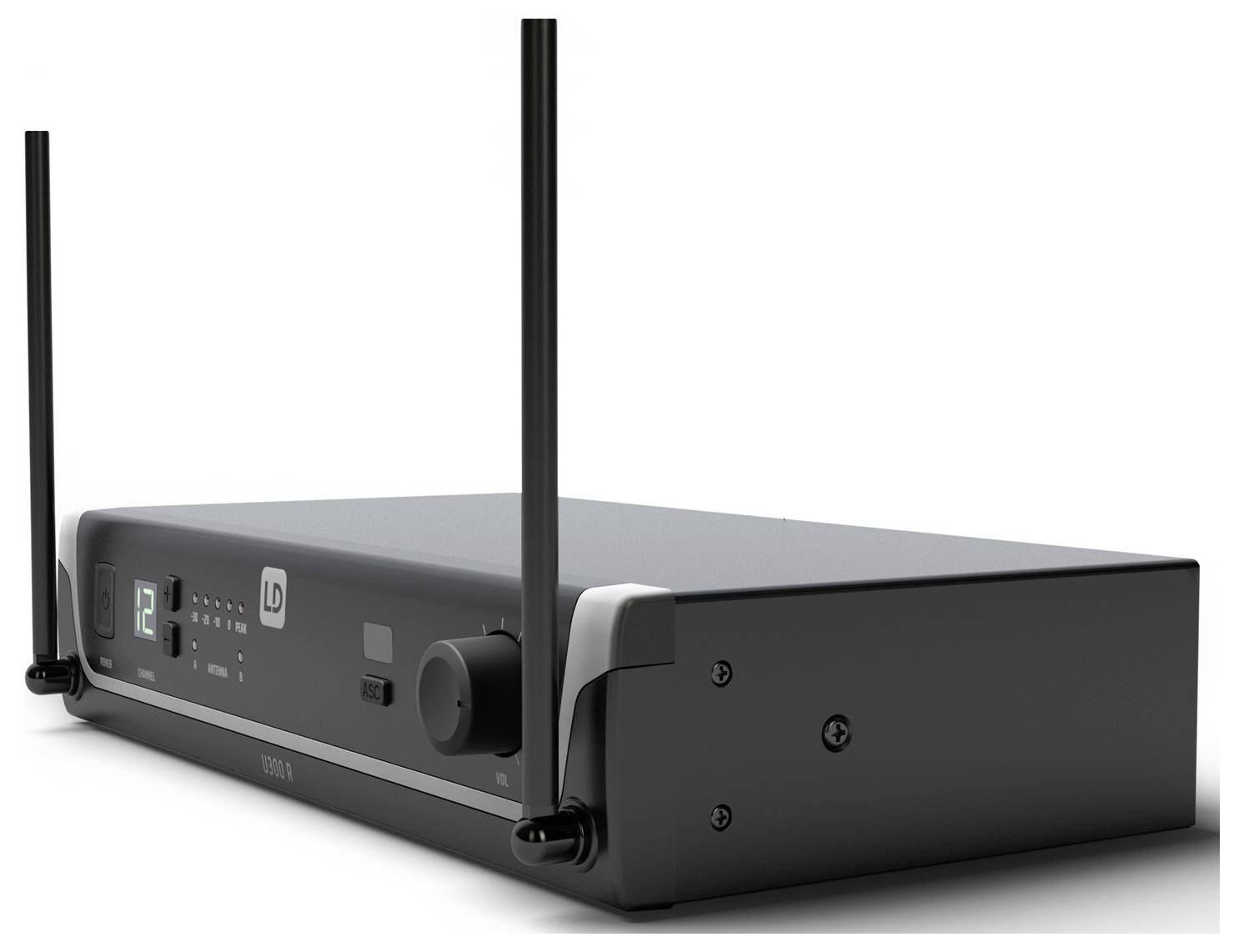 Schwarzer kabellosen Audio-Empfänger mit zwei Antennen, digitales Display und vorderes Bedienungsknopf auf weißem Hintergrund.