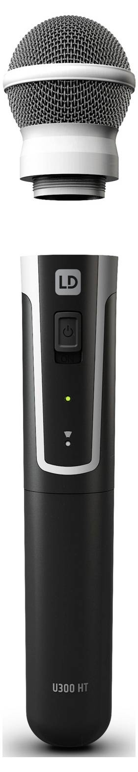 Kabelloses tragbares Mikrofon mit abnehmbarem Gitter, schwarzer Gehäuse, Stromschalter, Statusleuchte und U300 HT-Beschriftung.