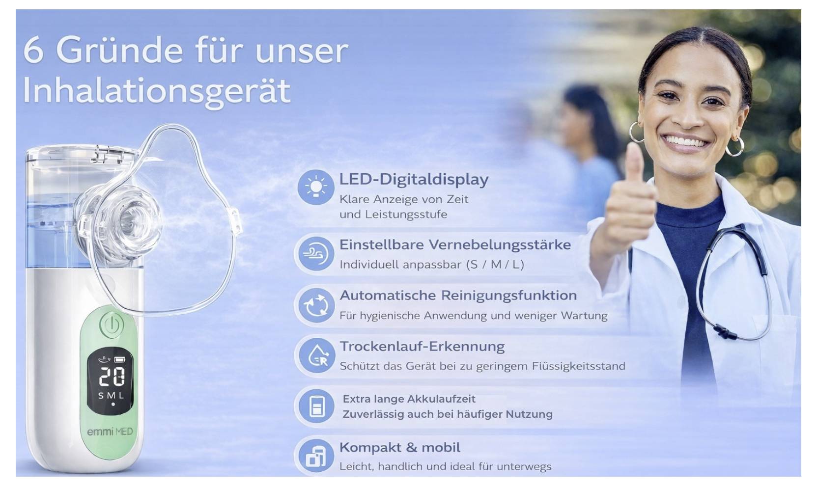Werbegrafik für ein Inhalationsgerät mit lächelnder Frau und Gerät links; nennt 6 Gründe wie LED-Display, einstellbare Vernebelung, Reinigung und lange Akkulaufzeit.