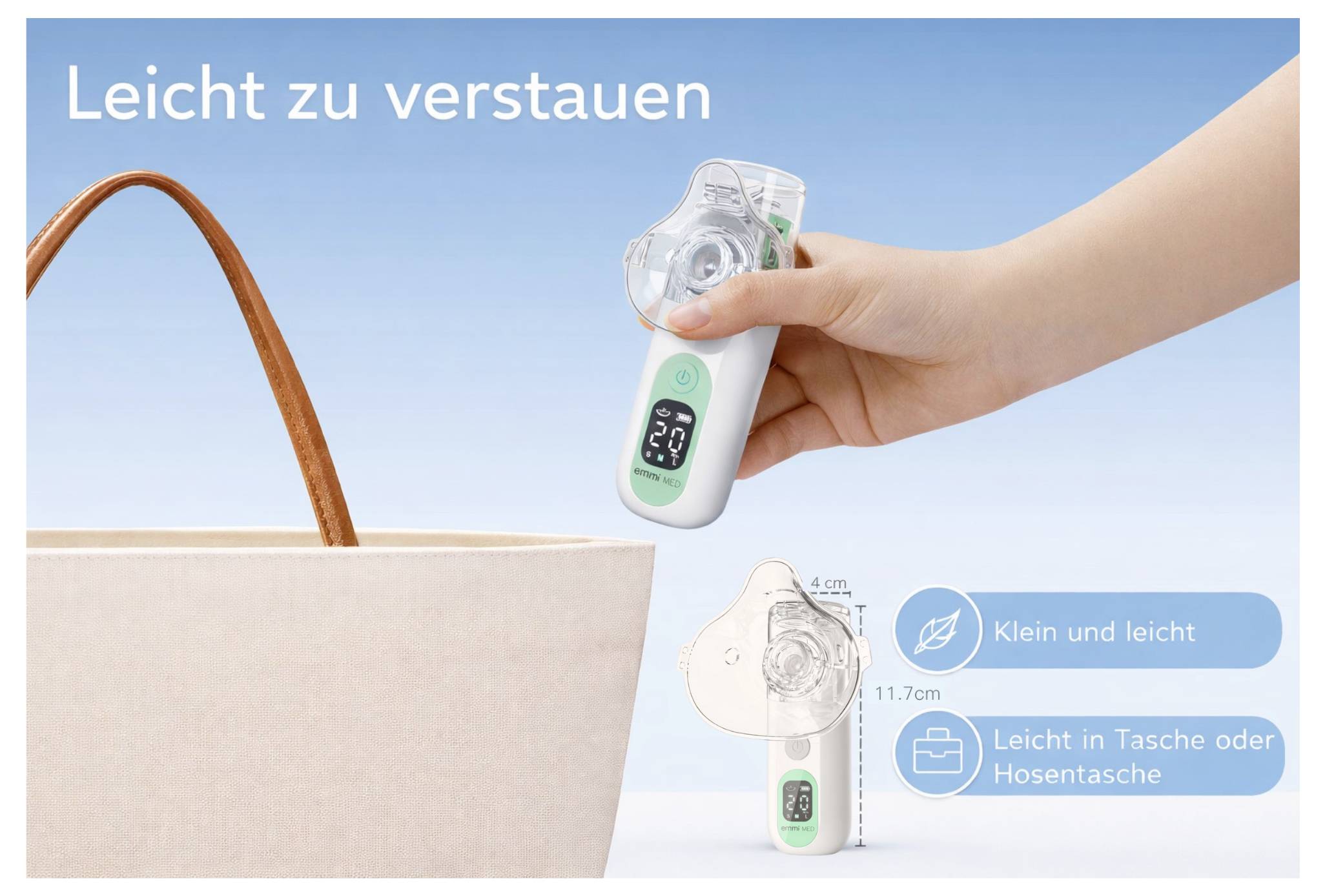 Handliches digitales Fieberthermometer mit Schutzkappe neben Topf; Text: 'Leicht zu verstauen', 'Klein und leicht', 'Leicht in Tasche oder Hosentasche'.