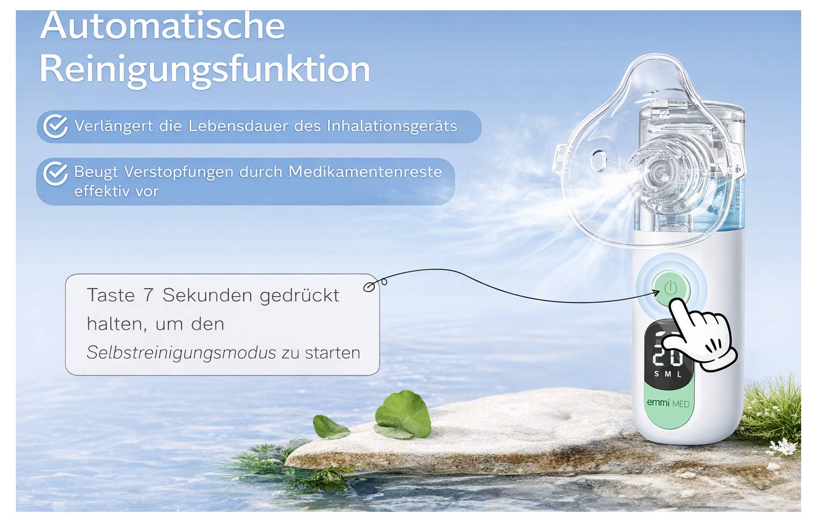 Werbegrafik einer Inhalationsgerät-Reinigungsfunktion: Titel 'Automatische Reinigungsfunktion', Vorteile, 7 Sekunden Taste gedrückt halten für Selbstreinigungsmodus.
