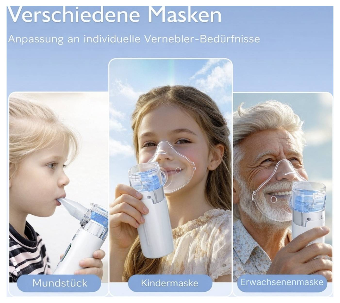 Werbegrafik mit drei Vernebler-Masken: Mundstück, Kindermaske und Erwachsenenmaske für unterschiedliche Bedürfnisse.
