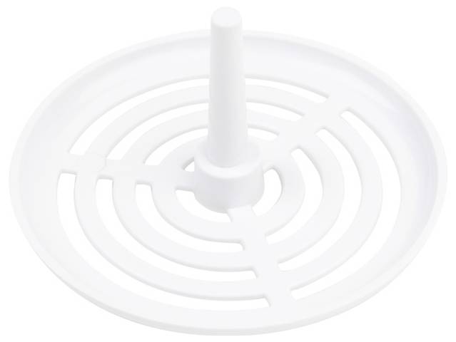 Weißes kreisförmiges Kunststoff-Labyrinth-ähnliches Puzzle mit einem zentralen Stift auf einfachem weißem Hintergrund