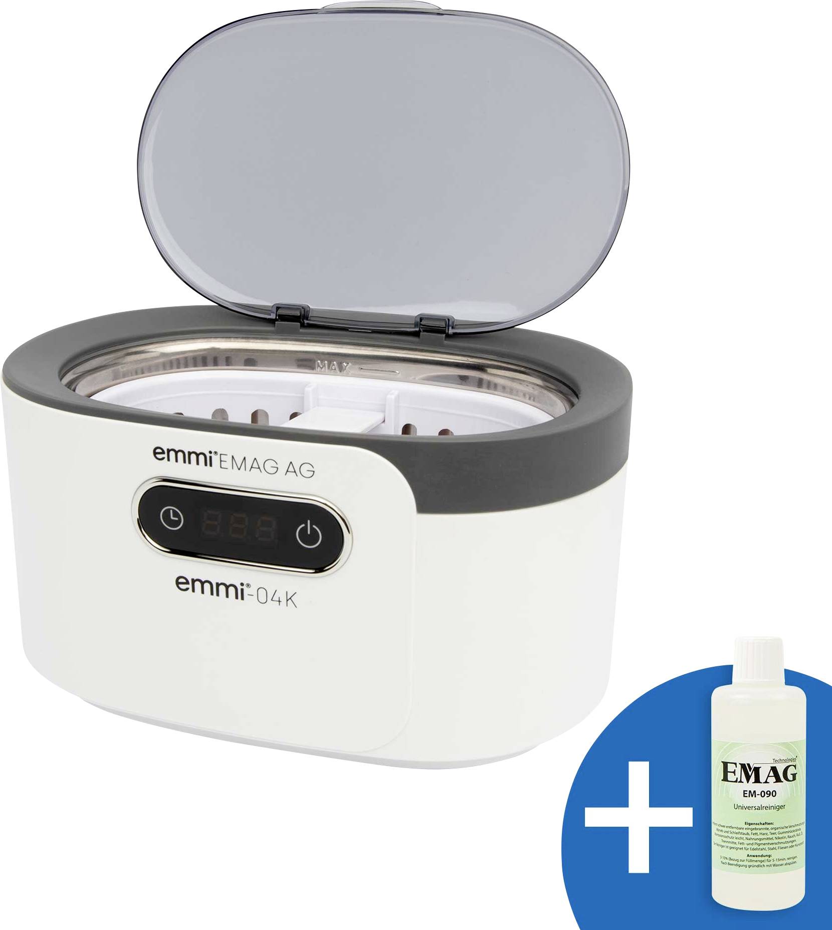 Ultraschallreiniger mit offener Abdeckung und digitalen Bedienelementen, gezeigt mit einer Reinigungsflasche mit der Aufschrift „EMAG