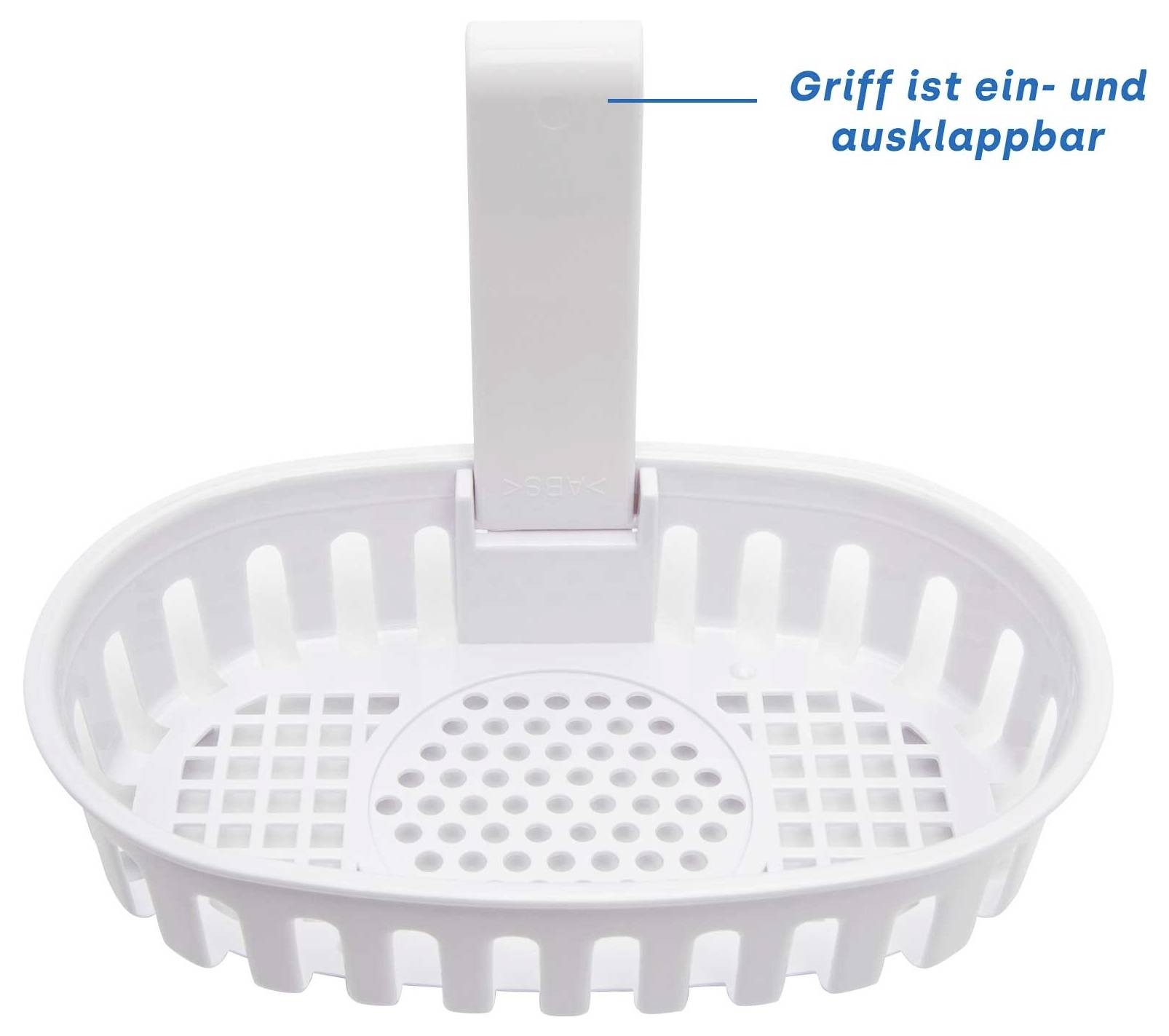 Weißer ovaler Kunststoff-Wäschekorb mit klappbarem Griff; deutscher Text besagt „Griff ist ein- und ausklappbar