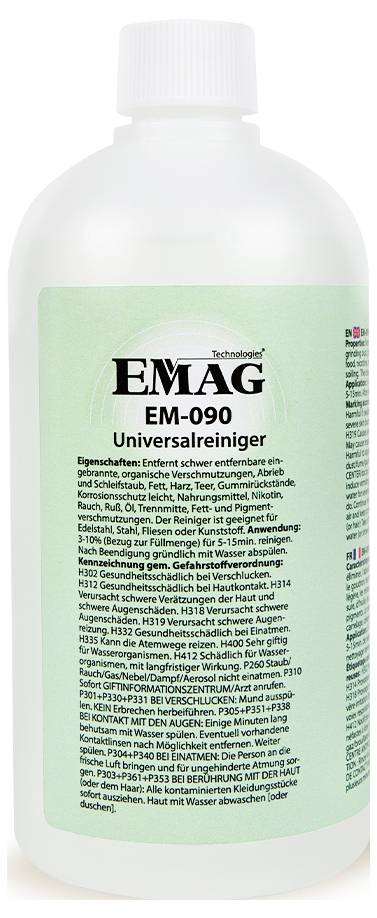 Weißer Kunststoffbehälter mit grünem Etikett für 'EMAG EM-090 Universalreiniger'.