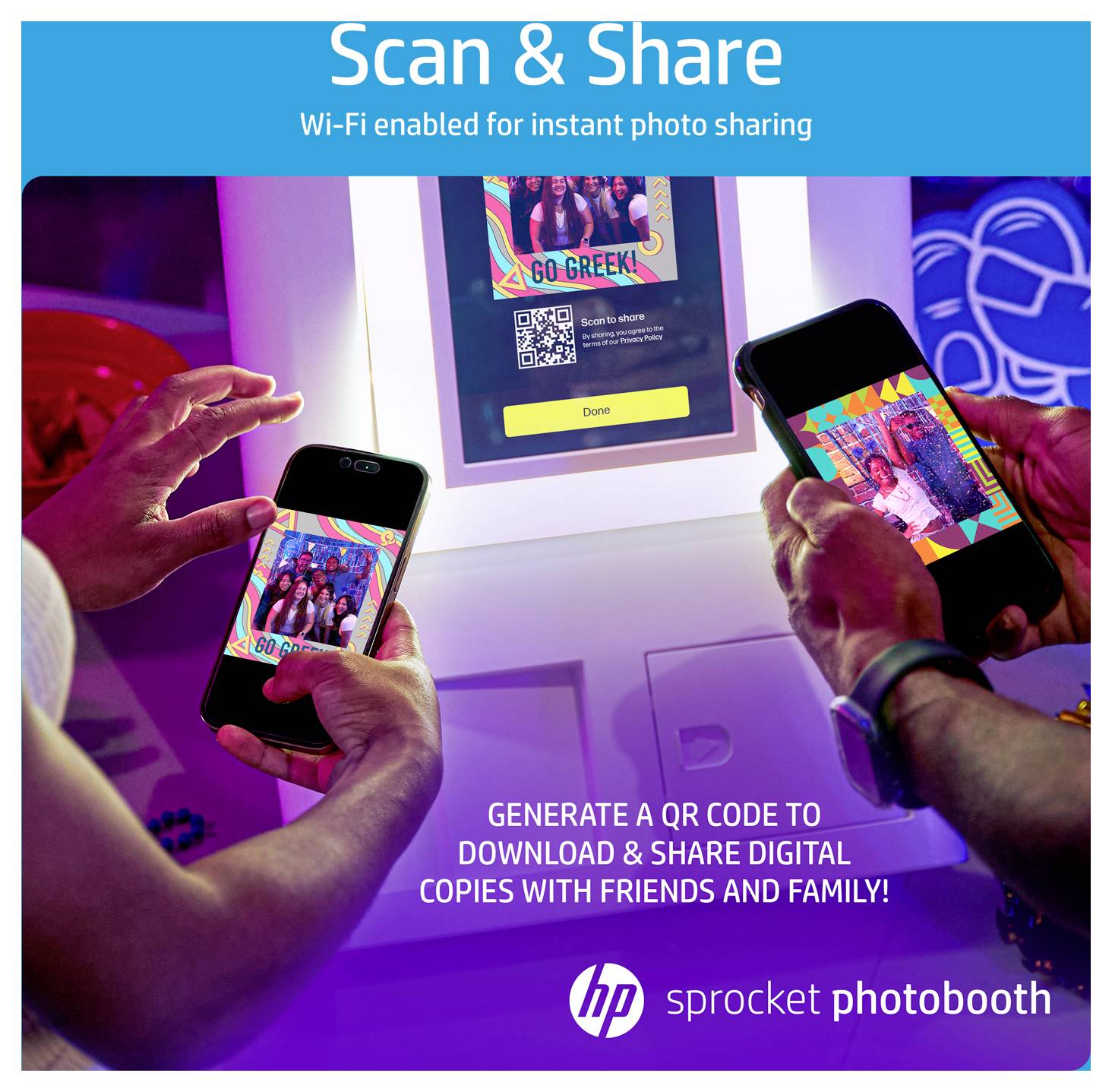 Der HP Sprocket Photobooth-Bildschirm zeigt „Scan & Share
