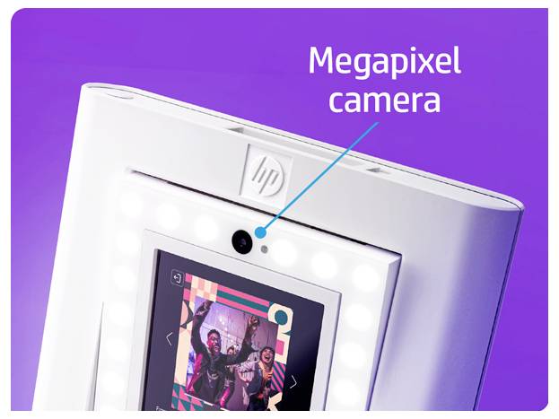 Abbildung eines weißen HP-Geräts mit einer beschrifteten „Megapixel-Kamera