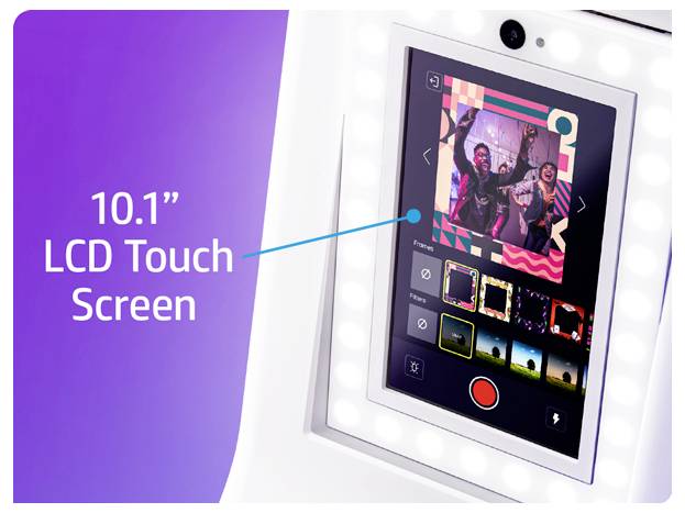10,1-Zoll-LCD-Touchscreen auf einem Schminkspiegel mit Fotoeditierungs- und Aufnahmereglern.