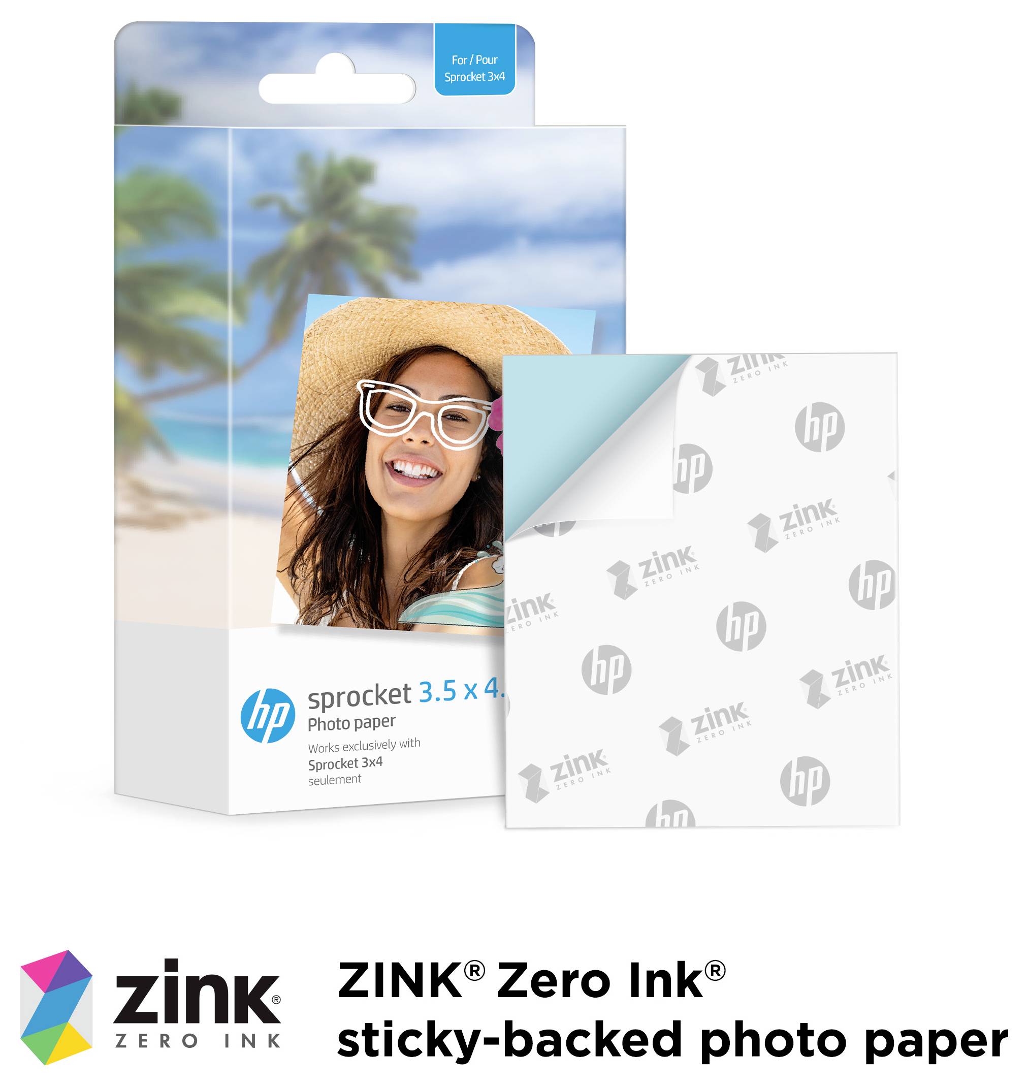 HP ZINK Zero Ink selbstklebende Fotopapierpackung mit Beispiel-Strandfotos und separatem klebefreiem Fotoblatt vorne.