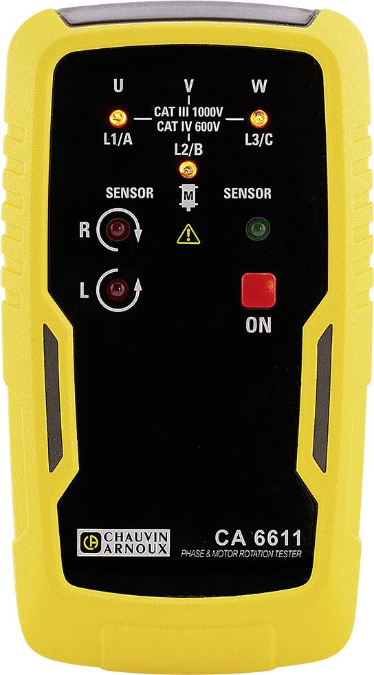 Chauvin Arnoux CA 6611 Phasen- und Motorrotations-Tester mit U-, V-, W-Eingangsindikatoren, Sensoranschlüssen und EIN-Taste.