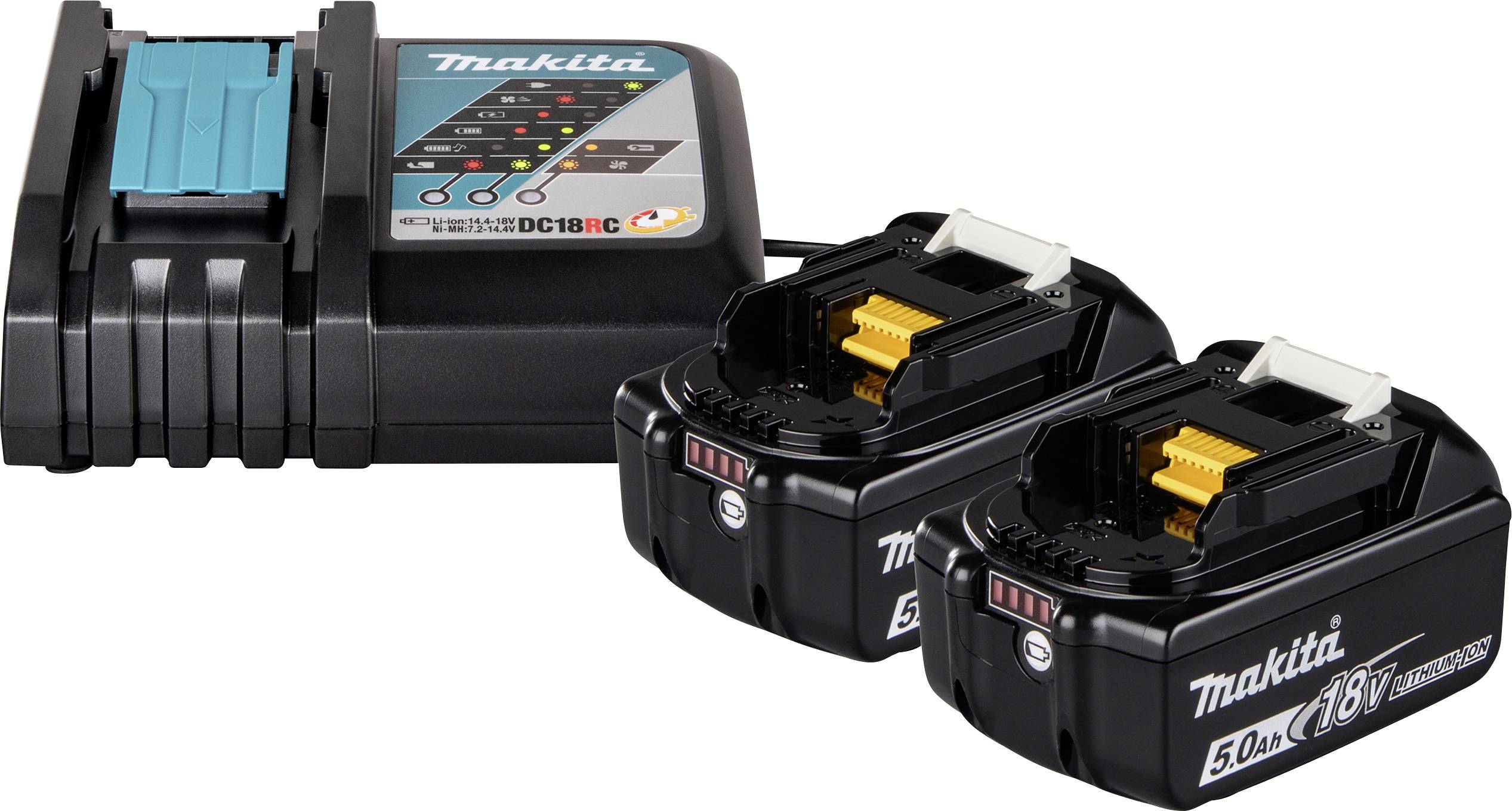 Makita-Batterieladegerät mit zwei 18V-Lithium-Ionen-Akkupacks, auf weißem Hintergrund dargestellt.