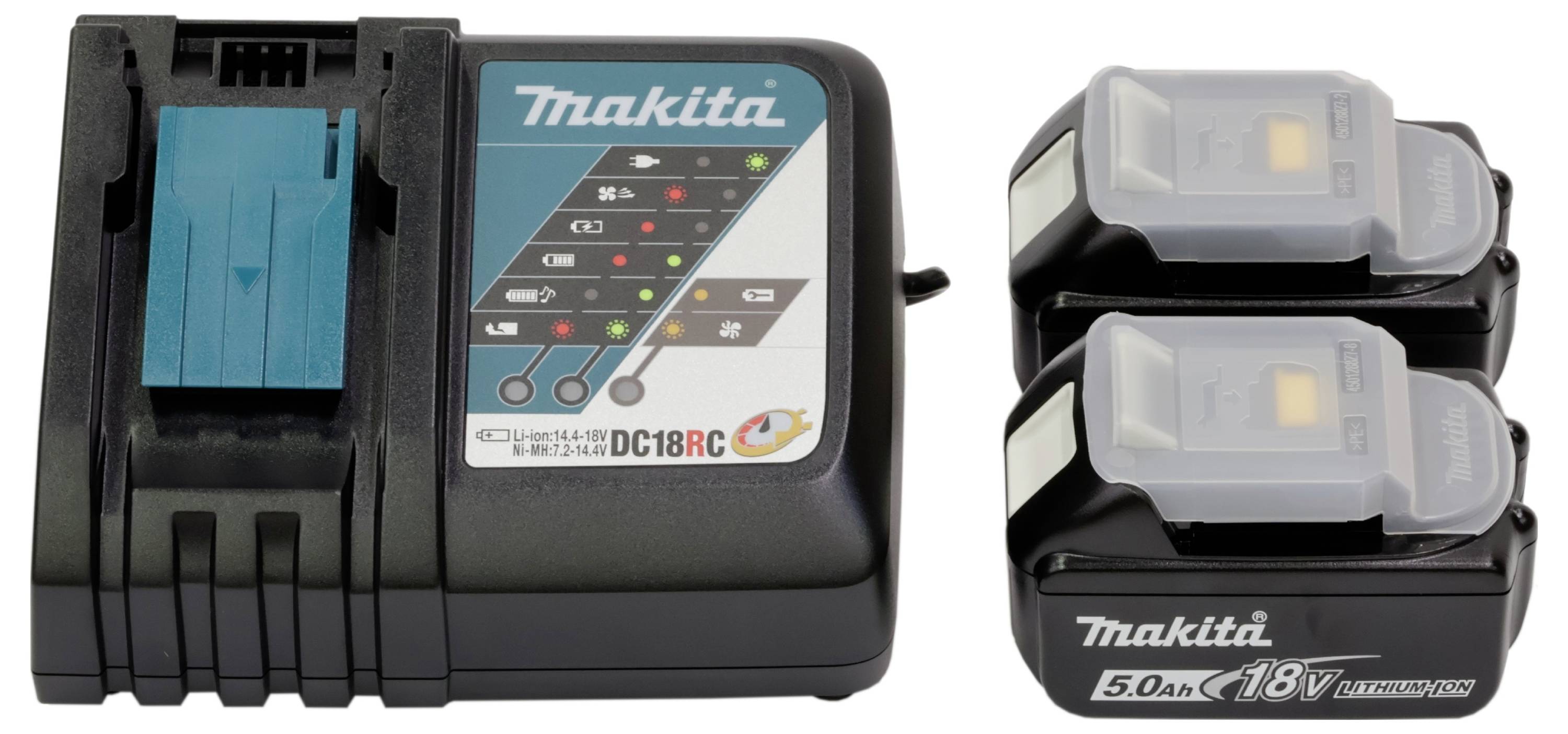Makita-Batterieladegerät neben zwei 18V-Lithium-Ionen-Batterien, das das Ladegerät und die kompatiblen Batteriesätze zeigt.