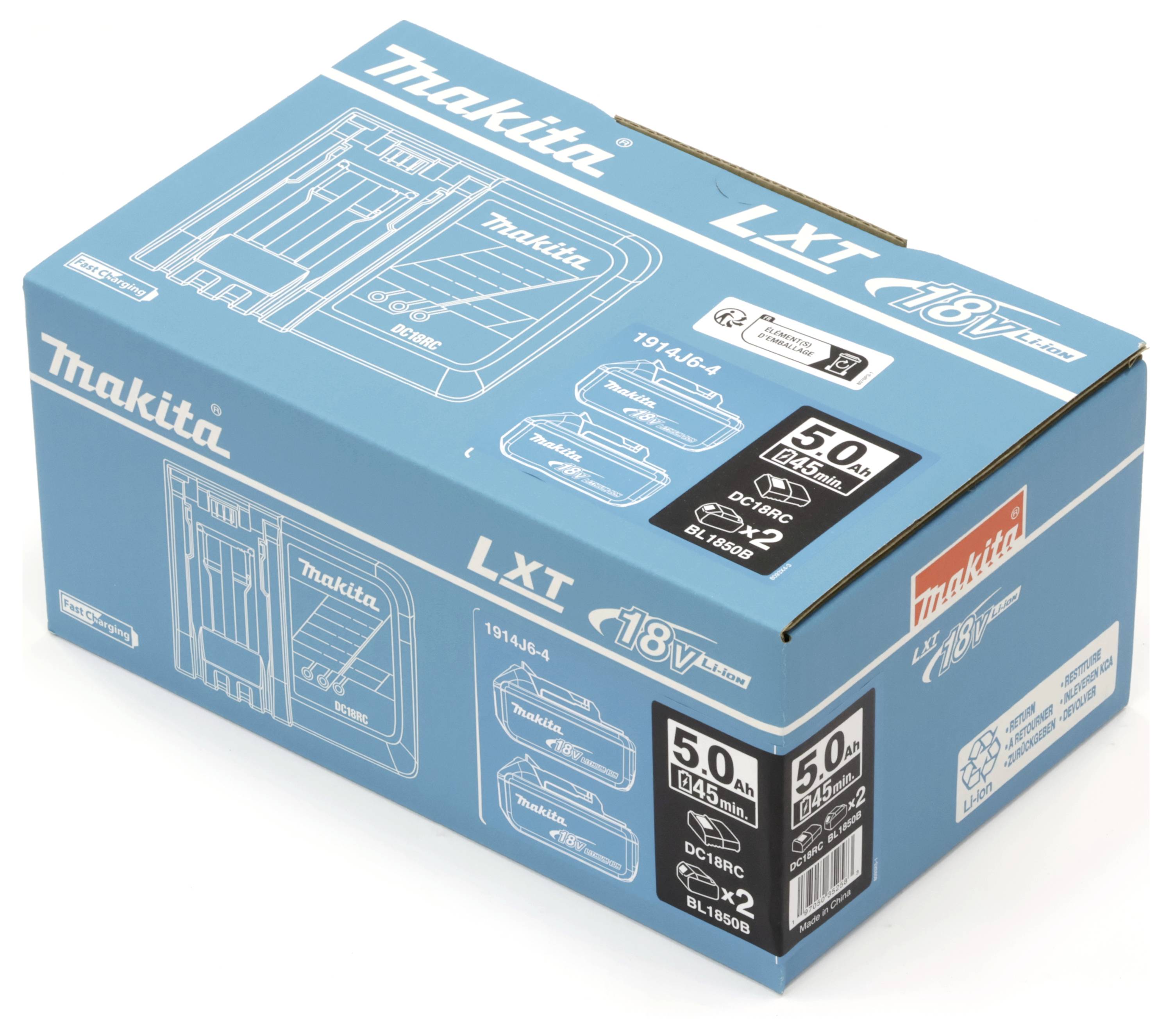 Blaue Makita LXT 18V Box mit Produktdiagrammen und 5.0Ah Batteriebezeichnungen auf der Verpackung