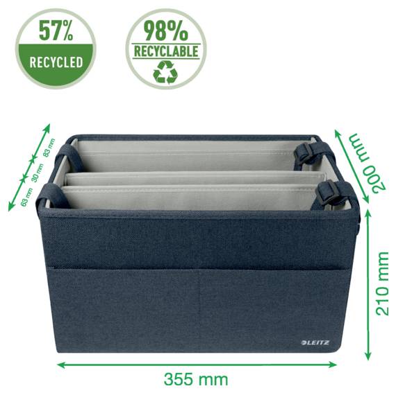 Collage einer dunkelgrünen gefalteten Aufbewahrungstasche mit einem weißen Etikettenfenster, Seitengriffen und einem Schultergurt mit verstellbarer Aufhängehöhe von 15–45 cm.