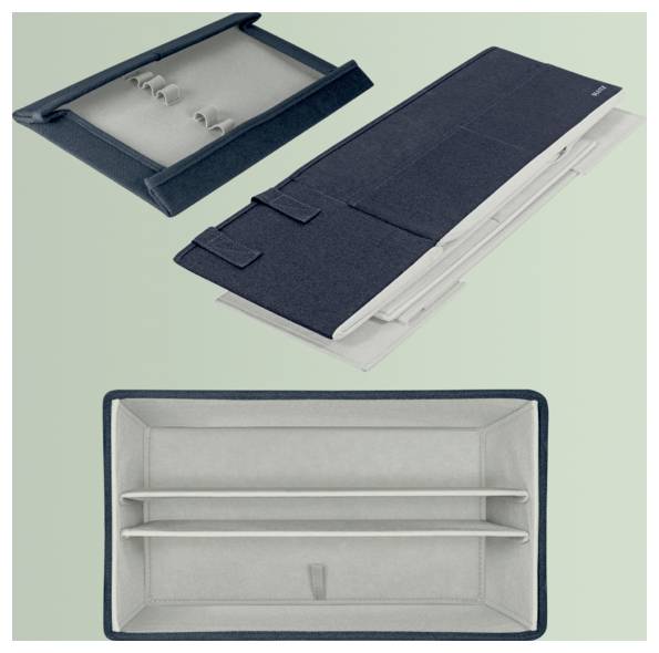 Zusammenklappbare dunkelblaue Lagerkiste dargestellt geschlossen, teilweise zusammengeklappt und offen, mit hellgrauen Innenborden.