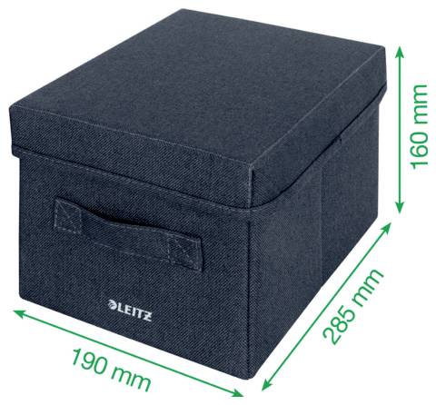 Schwarze Aufbewahrungsbox aus Stoff mit Deckel, dargestellt mit den Abmessungen 190 mm Breite, 285 mm Tiefe und 160 mm Höhe.