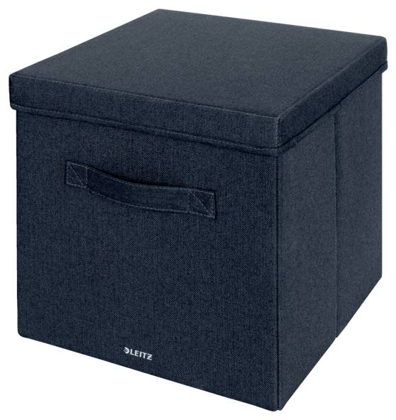 Black fabric storage cube ottoman with lid and handle, branded 'LEITZ' on the front, shown on a white background.