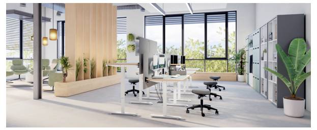 Modernes Großraumbüro mit Schreibtischen, Monitoren, Stühlen, Schränken, Pflanzen und großen Fenstern in einem hellen Arbeitsbereich.