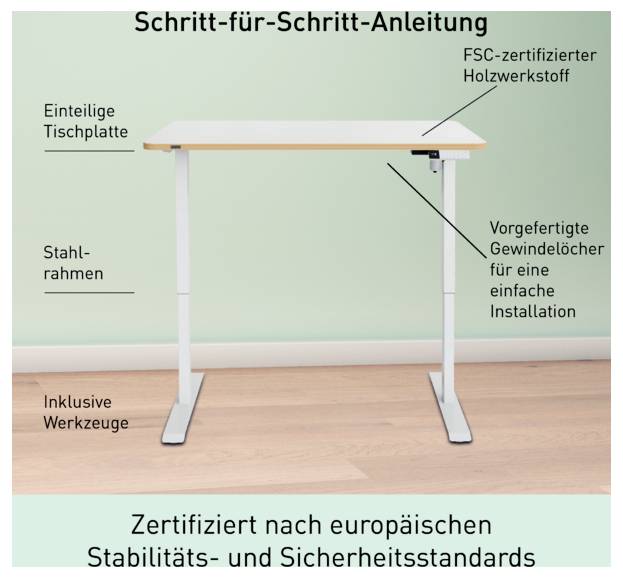 Annotierte Tabelle, die eine einteilige, FSC-zertifizierte Holzplatte, Stahlrahmen und vorgebohrte Löcher zur einfachen Installation zeigt; zertifiziert für europäische Stabilitäts- und Sicherheitsstandards.