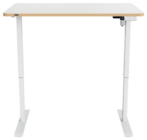 Höhenverstellbarer Stehschreibtisch in Weiß mit Holzplatte in heller Farbe und Metallbeinen auf weißem Hintergrund