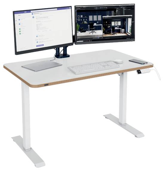 Stehschreibtisch-Setup mit Dual-Monitoren, Tastatur, Maus, Tablet und Telefon auf einer weißen Arbeitsfläche.