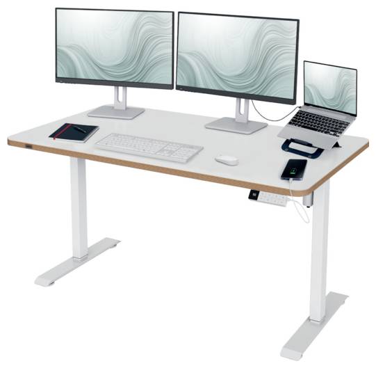 Höhenverstellbarer Schreibtisch mit zwei Monitoren, Laptop, Tastatur, Maus, Tablet und Telefon, das ein Multi-Geräte-Arbeitsplatz-Setup zeigt.