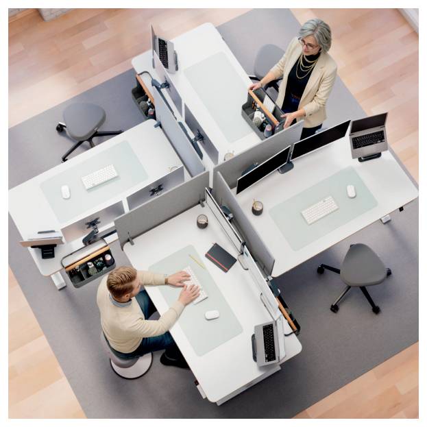 Draufsicht auf zwei Büroangestellte an separaten modularen Schreibtischen in einem gemeinsamen Arbeitsbereich, die jeweils einen Computer in benachbarten Kabinen nutzen.