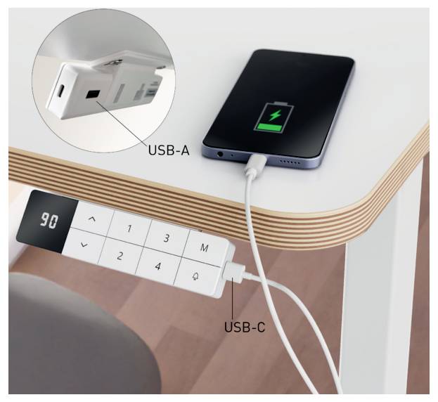 Abbildung eines Telefons, das sich über USB-C von einer USB-A-Stromquelle auflädt, mit Beschriftungen, die die USB-A- und USB-C-Anschlüsse zeigen.