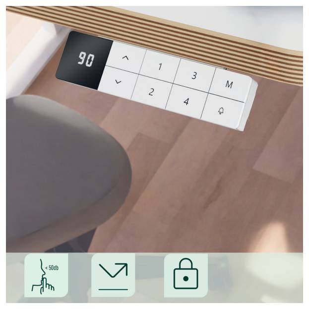 Aufzugssteuerungsfeld mit ausgewähltem Stockwerk 90, Schaltflächen für oben, unten, 1, 2, 3, 4, Speicher und Alarm; Handschuh-Symbol, Pfeile und Schlosssymbole darunter.