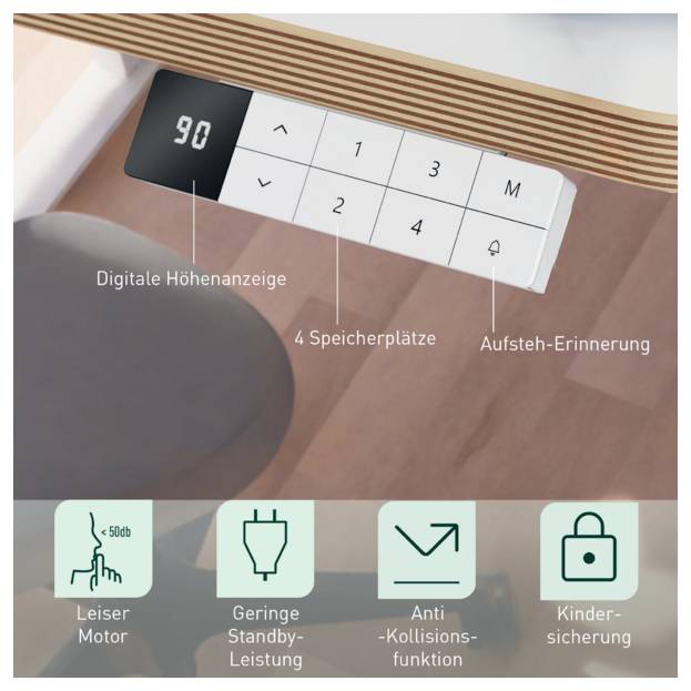 Nahaufnahme einer Gerätekontrollfläche mit einer digitalen Höhenanzeige auf 90 eingestellt, vier Speichertasten und einer Weckerinnerung, mit Symbolen für leisen Motor, niedrige Standby-Leistung, Kollisionserkennung und Kindersicherung.