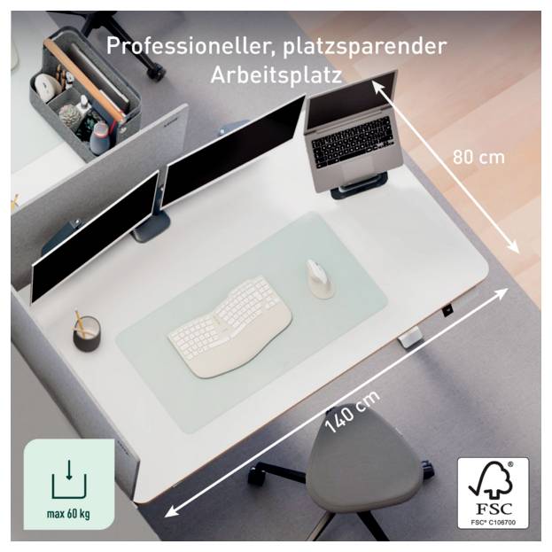 Draufsicht-Illustration eines kompakten Arbeitsplatzes mit der Bezeichnung „Professioneller, platzsparender Arbeitsplatz