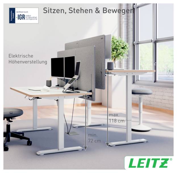 Leitz Sitz-/Steh-Schreibtisch Ergo Weiß 6773-00-01 max. Höhe: 118cm