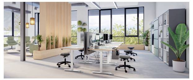 Modernes Großraumbüro mit gemeinsamen Schreibtischen, ergonomischen Stühlen, Lagerschränken, Pflanzen und großen Fenstern, die natürliches Licht hereinlassen.