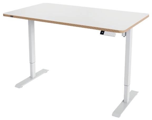 Höhenverstellbarer Schreibtisch mit weißer Oberfläche, Holzkante und zwei Metallbeinen mit Fußplatten.