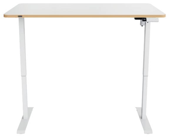Höhenverstellbarer Stehschreibtisch mit weißen Beinen und hellholzerner Tischplatte auf weißem Hintergrund.