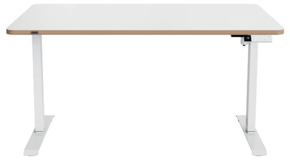Weißer verstellbarer Stehschreibtisch mit rechteckiger Tischplatte und zwei Metallbeinen auf breiten Standfüßen, vor einem neutralen Hintergrund dargestellt.