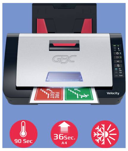 GBC Velocity Papierschredder mit Blatteinzug, dargestellt mit Symbolen für 90-Sekunden-Aufwärmzeit, 36-Blatt-A4-Kapazität und Stauungsschutz.