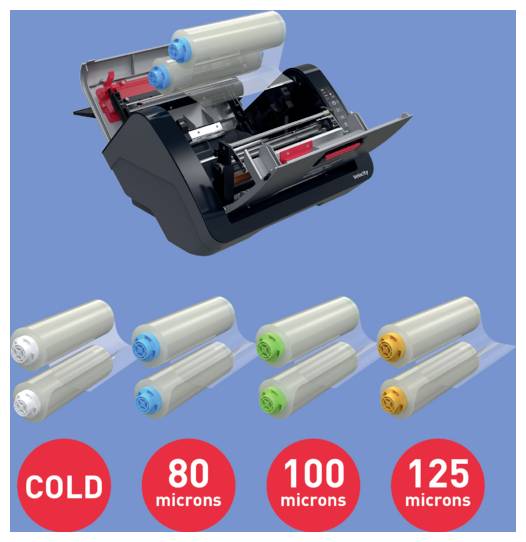 Abbildung eines Druckers oder Laminators mit vier Walzengrößen, gekennzeichnet mit „KALT