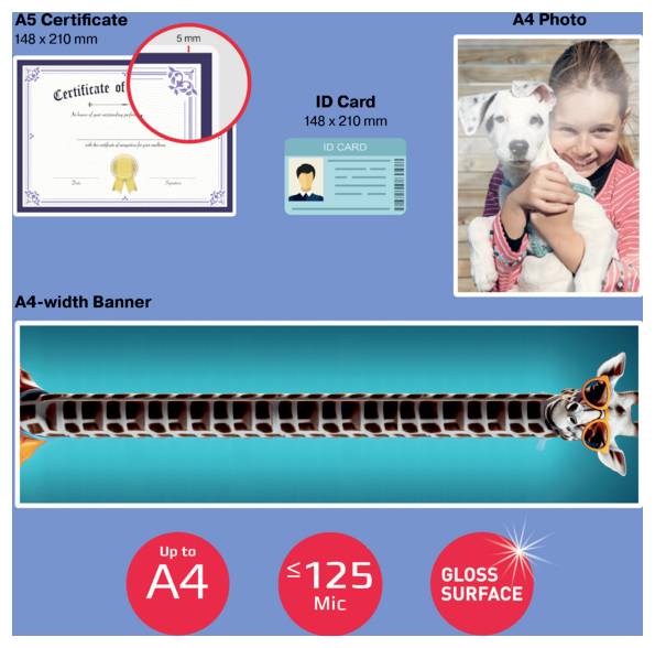 Werbegrafik mit Druckoptionen für A5-Zertifikat, A4-Foto, Ausweiskarte und A4-breites Banner, mit Abzeichen „bis A4