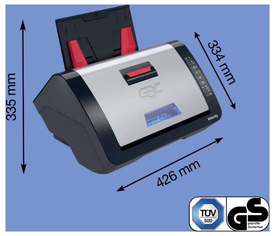 Produktbild eines GBC-Papierschredders mit den Abmessungen 426 mm Breite, 335 mm Höhe und 334 mm Tiefe, mit TÜV- und GS-Sicherheitssiegeln.