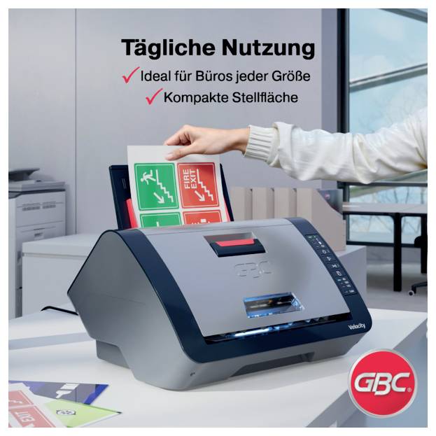 Bürolaminiergerät in Verwendung gezeigt, mit deutschem Text „Tägliche Nutzung