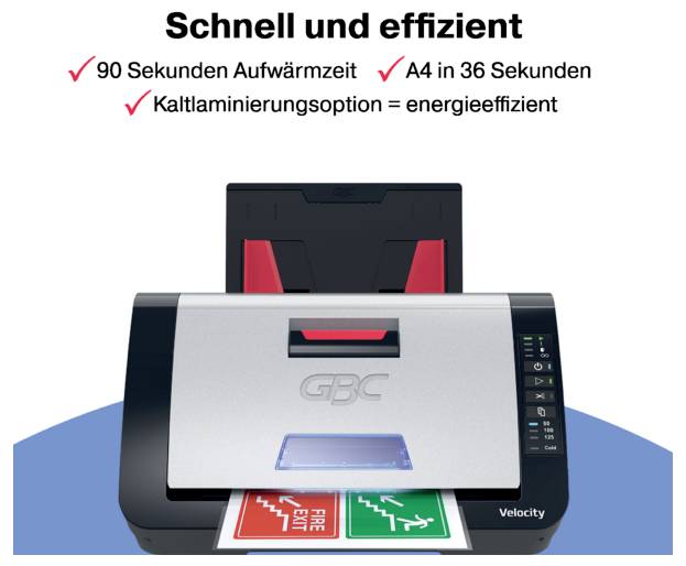 GBC Laminiermaschine mit Deutsch-Texthervorhebung für schnelle, effiziente Nutzung: 90-Sekunden-Aufwärmzeit, A4 in 36 Sekunden, Kaltlaminierung energieeffizient.
