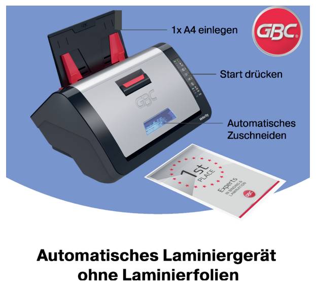 Grafik einer GBC-Automatischen Laminiermaschine mit deutschen Beschriftungen, die zeigen: 1x A4 einlegen, Start drücken und automatisches Schneiden; die Überschrift sagt „Automatisches Laminiergerät ohne Laminierfolien